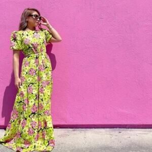 WAYF Plaza Cut Out Tiered Maxi Dress Green Pink Floral Sz M NWT {E21}